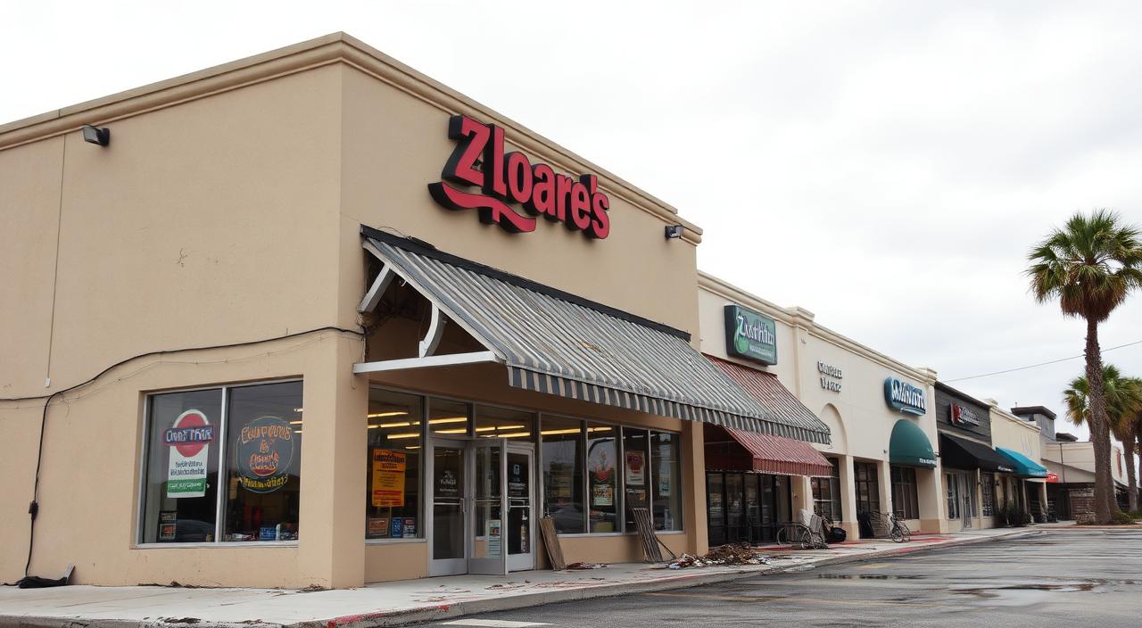 Storm-damaged Florida commercial storefront with damaged awning and facade