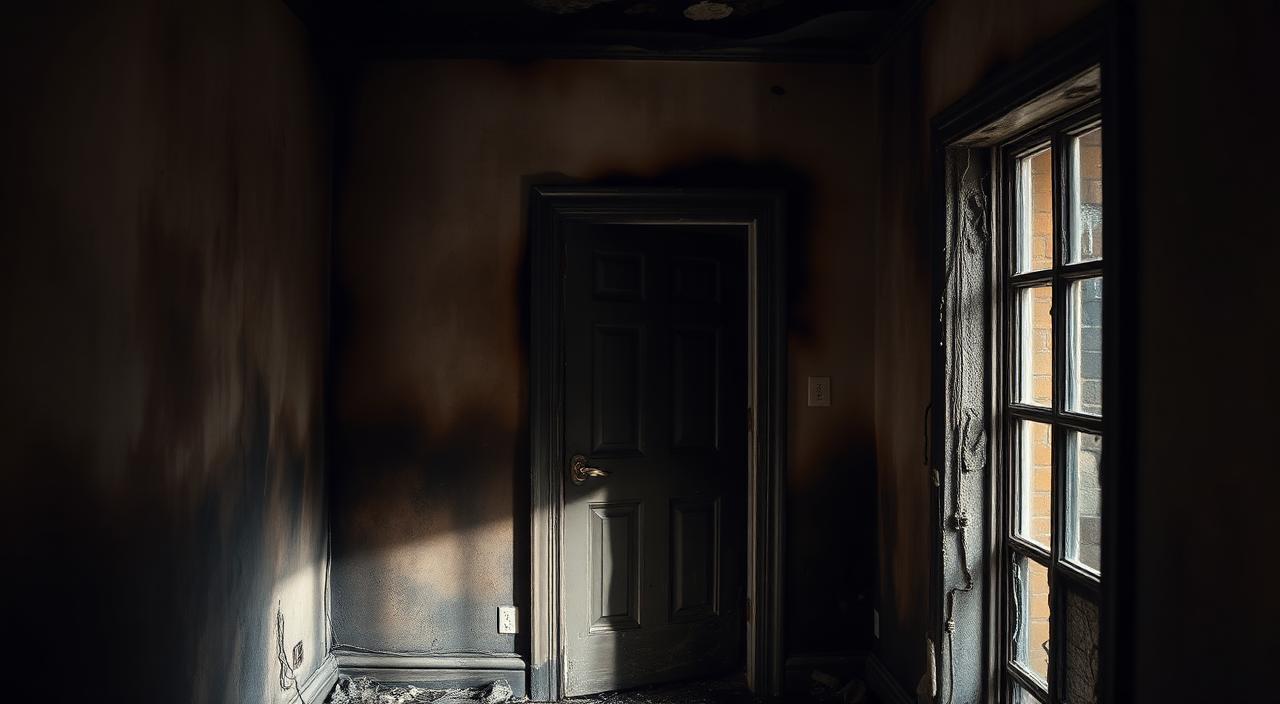 Interior of a home with fire and smoke damage, charred walls and soot staining