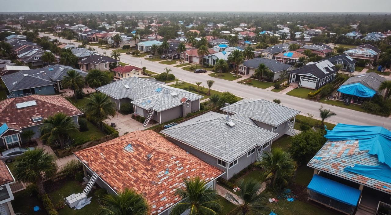 Florida coastal neighborhood with hurricane-damaged roofs and storm tarps
