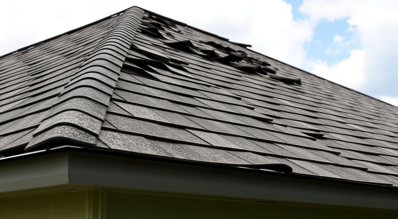 Damaged residential roof with missing and lifted shingles on a Florida home