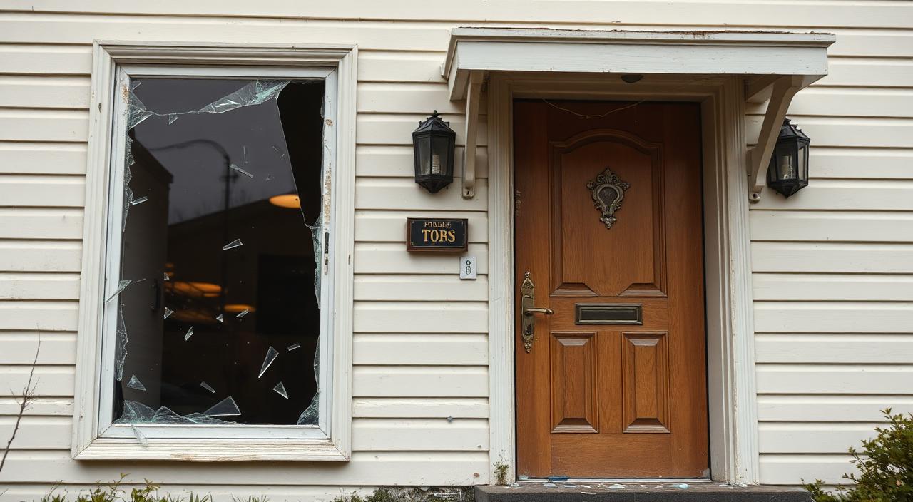 Broken window and forced-entry door damage on a residential property