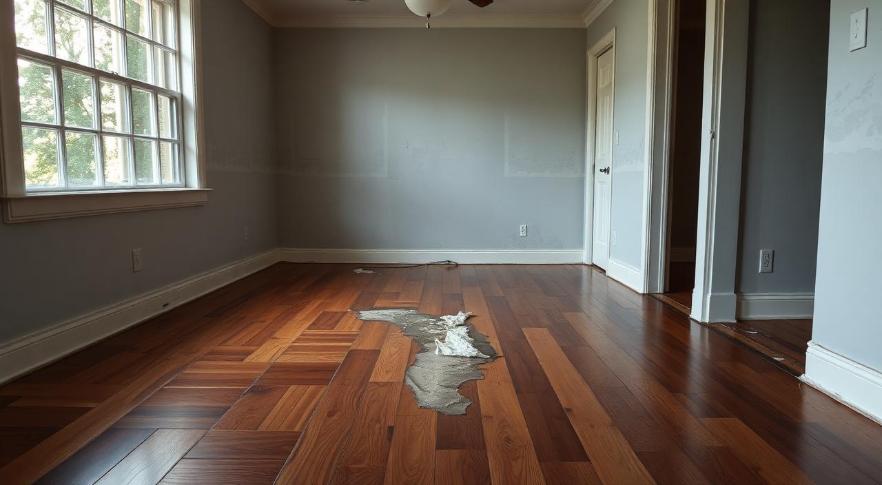 Interior of a Florida home with water-damaged hardwood flooring and stained drywall