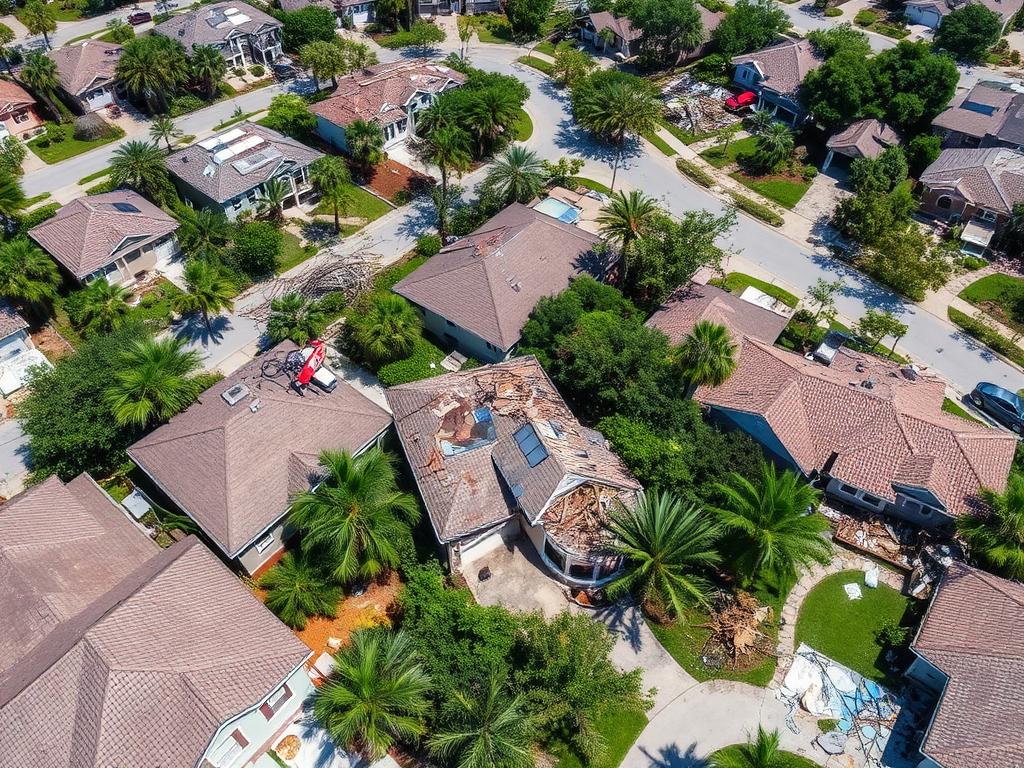 Aerial view of Florida neighborhood with storm damage