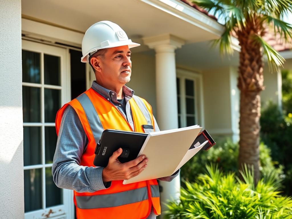 Licensed adjuster inspecting roof and property damage